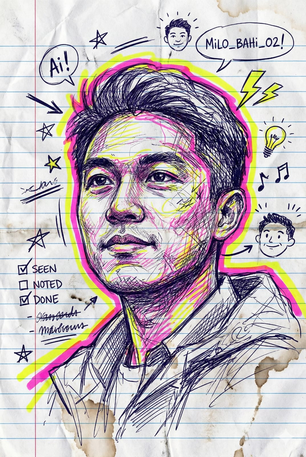 Chaotic Doodle Portrait on Lined Notebook Paper