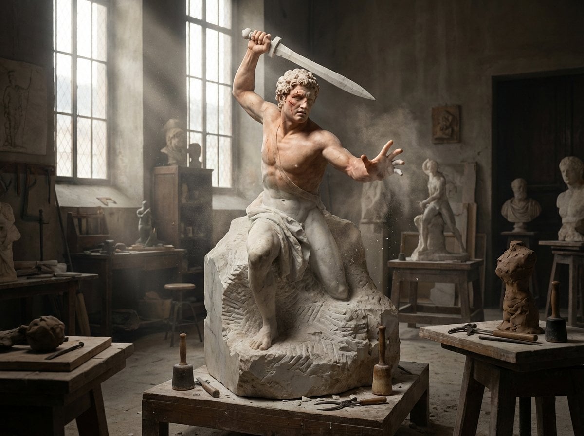 A half-finished marble sculpture in a dusty Renaissance w... thumbnail 2