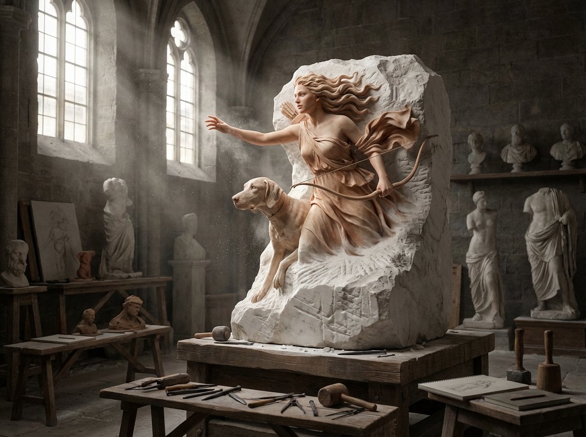 A half-finished marble sculpture in a dusty Renaissance w... thumbnail 4