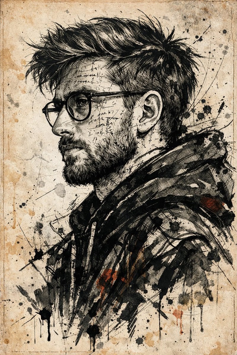 Chaotic Ink Portrait with Cryptic Symbols