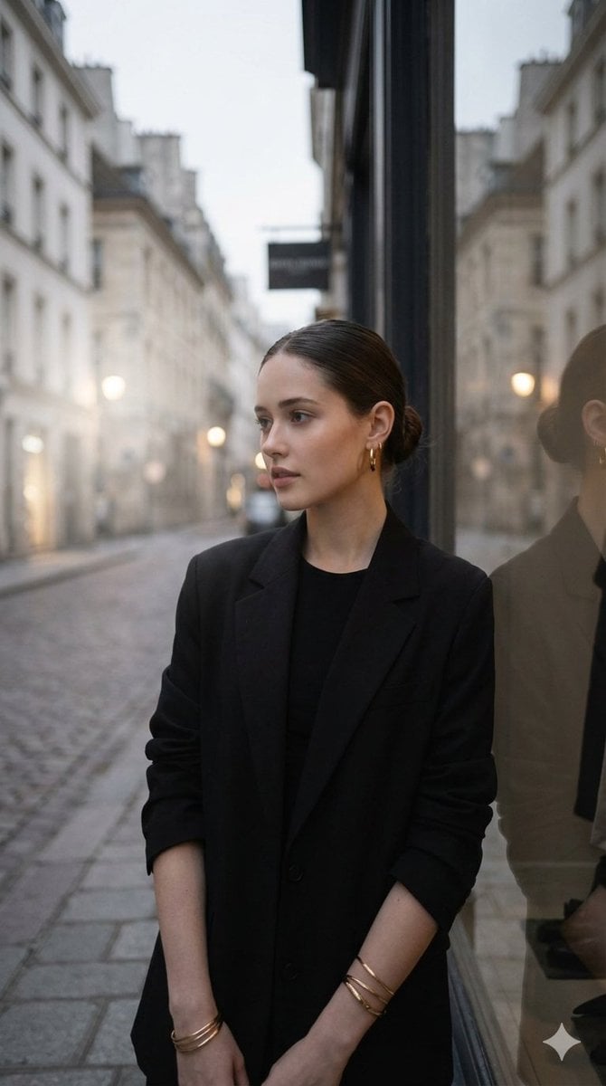 Elegant woman with dark hair in a sleek bun, wearing a st... image 1