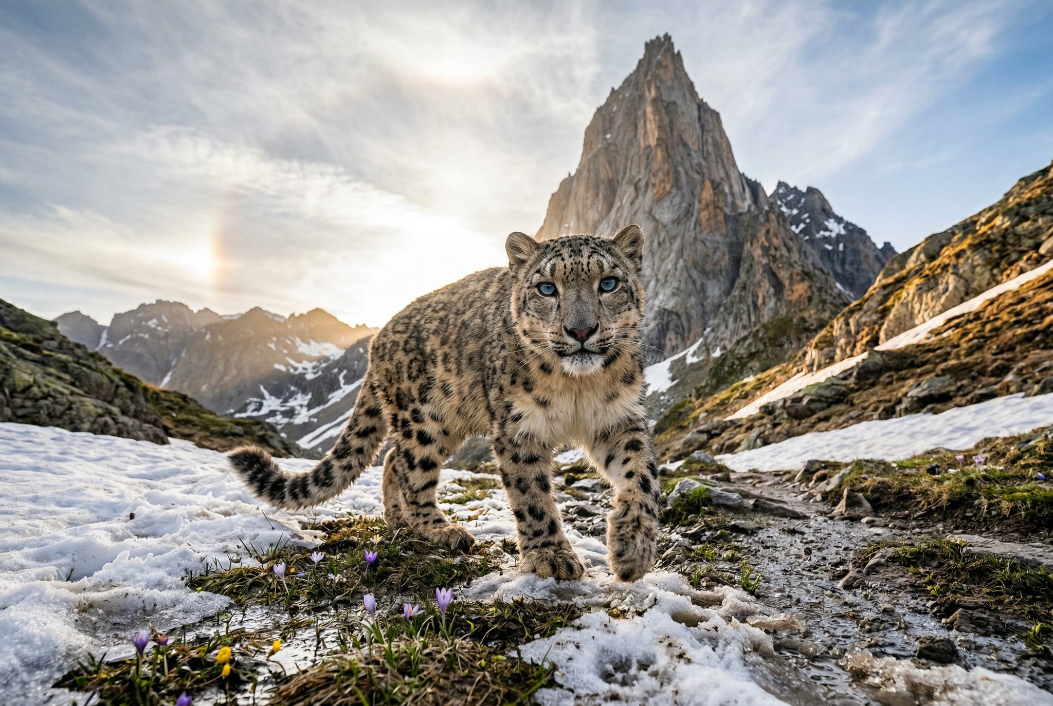 Snow Leopard in Melting Spring Landscape thumbnail 2