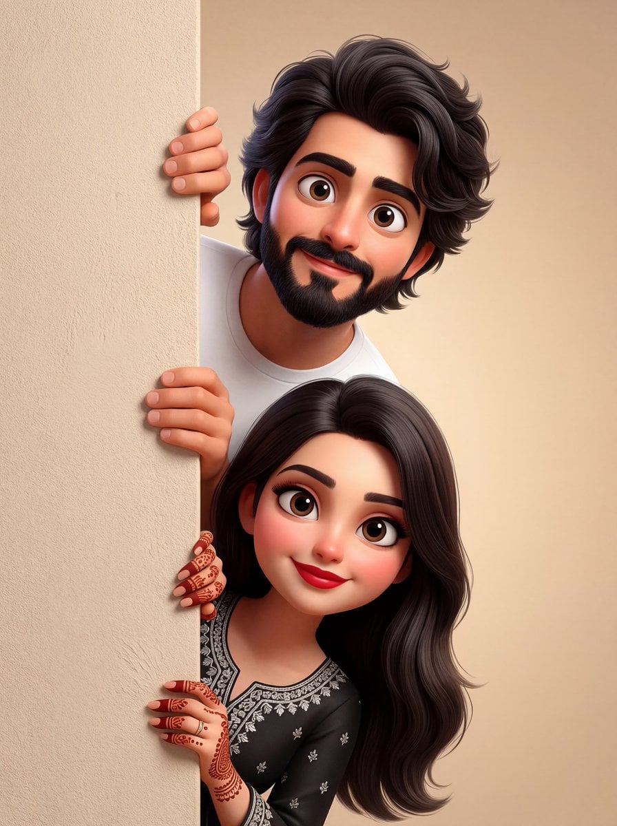 Playful Peek: Pixar-Style Couple Behind Wall