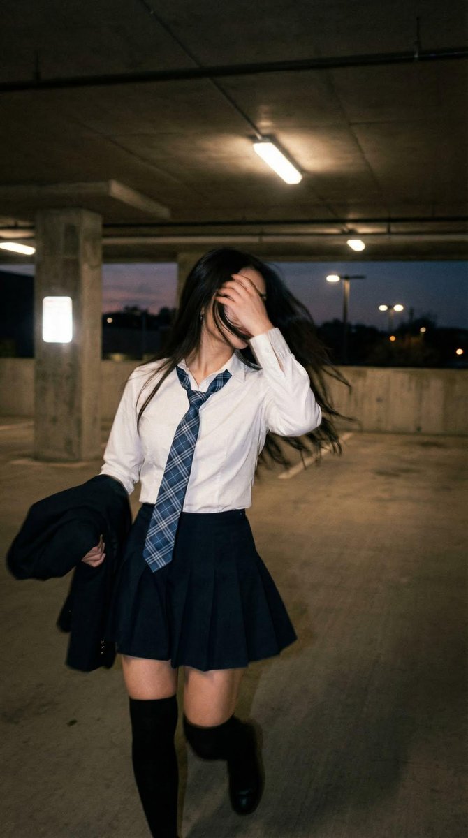 Candid portrait of a young woman in a dim parking garage,... thumbnail 3