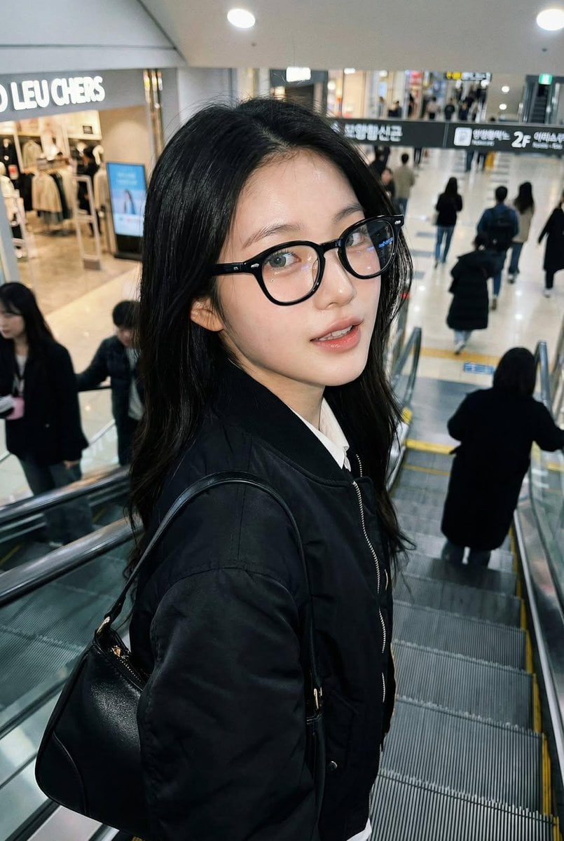 Photorealistic iPhone candid of a woman on an escalator, ... thumbnail 2