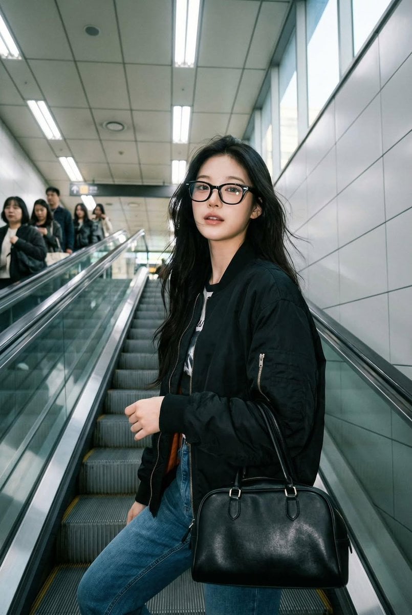 Photorealistic iPhone candid of a woman on an escalator, ... thumbnail 3