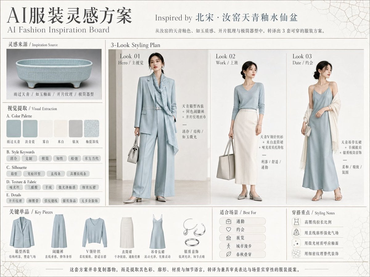 请根据用户输入的【主标题】或上传的【参考图片】，创作一张横向 4:3 的高完成度「AI服装灵感方案 / AI Fa... thumbnail 3