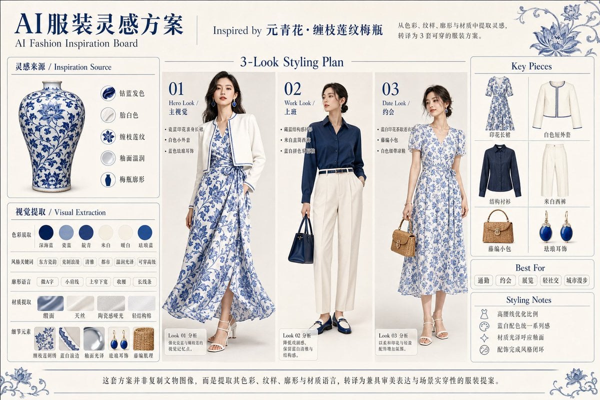 请根据用户输入的【主标题】或上传的【参考图片】，创作一张横向 4:3 的高完成度「AI服装灵感方案 / AI Fa... thumbnail 4