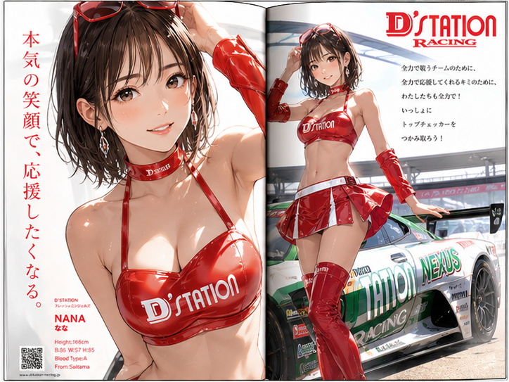 レースクィーン雑誌の見開きページを作成。 接写あり。 日本人モデル。 スタイルを変えて4枚作成。 アニメイラスト調。 thumbnail 2