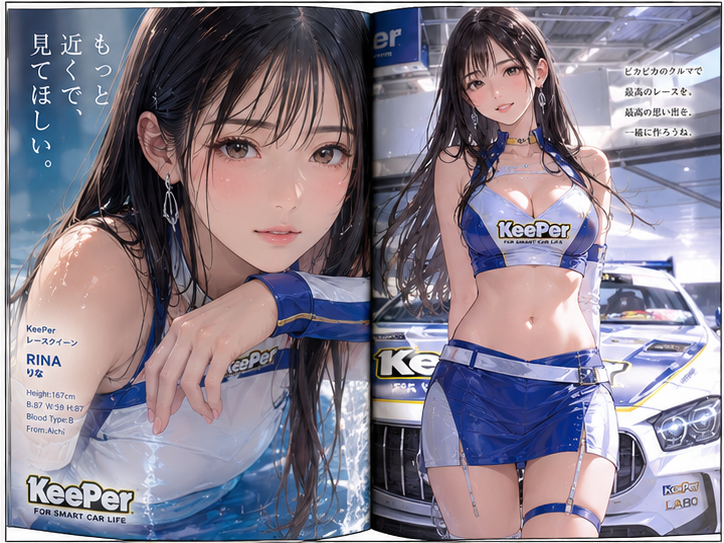 レースクィーン雑誌の見開きページを作成。 接写あり。 日本人モデル。 スタイルを変えて4枚作成。 アニメイラスト調。 thumbnail 4