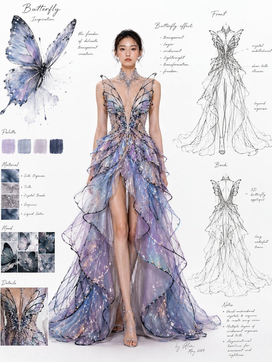 时尚设计稿 / 高定礼服设计页，主题灵感来自 [灵感主题]。画面为专业服装设计展示板构图：中央是一位全身站立的真人... thumbnail 2