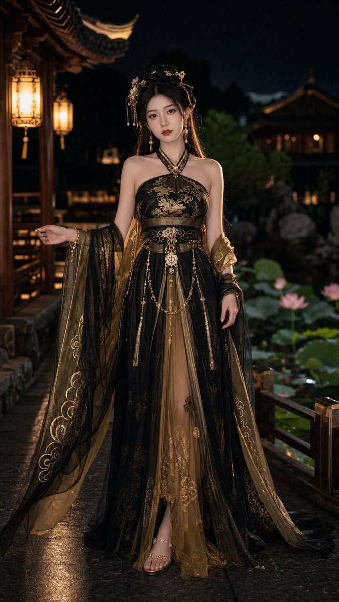 18歲中國美女，成年女性，精緻五官，長髮，身材修長，穿著性感但高雅的黑金色唐制齊胸襦裙改良漢服，薄紗披帛，金色雲紋... thumbnail 2