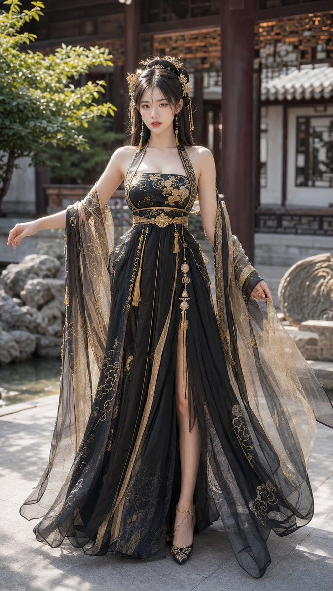 18歲中國美女，成年女性，精緻五官，長髮，身材修長，穿著性感但高雅的黑金色唐制齊胸襦裙改良漢服，薄紗披帛，金色雲紋... thumbnail 3