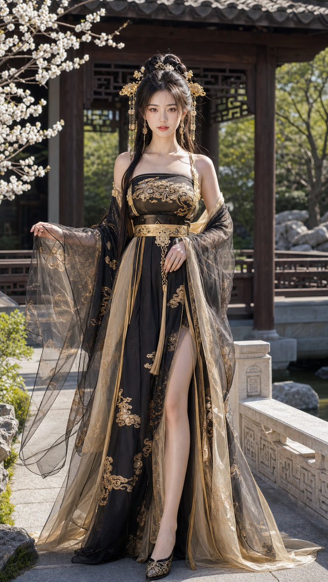 18歲中國美女，成年女性，精緻五官，長髮，身材修長，穿著性感但高雅的黑金色唐制齊胸襦裙改良漢服，薄紗披帛，金色雲紋... thumbnail 4