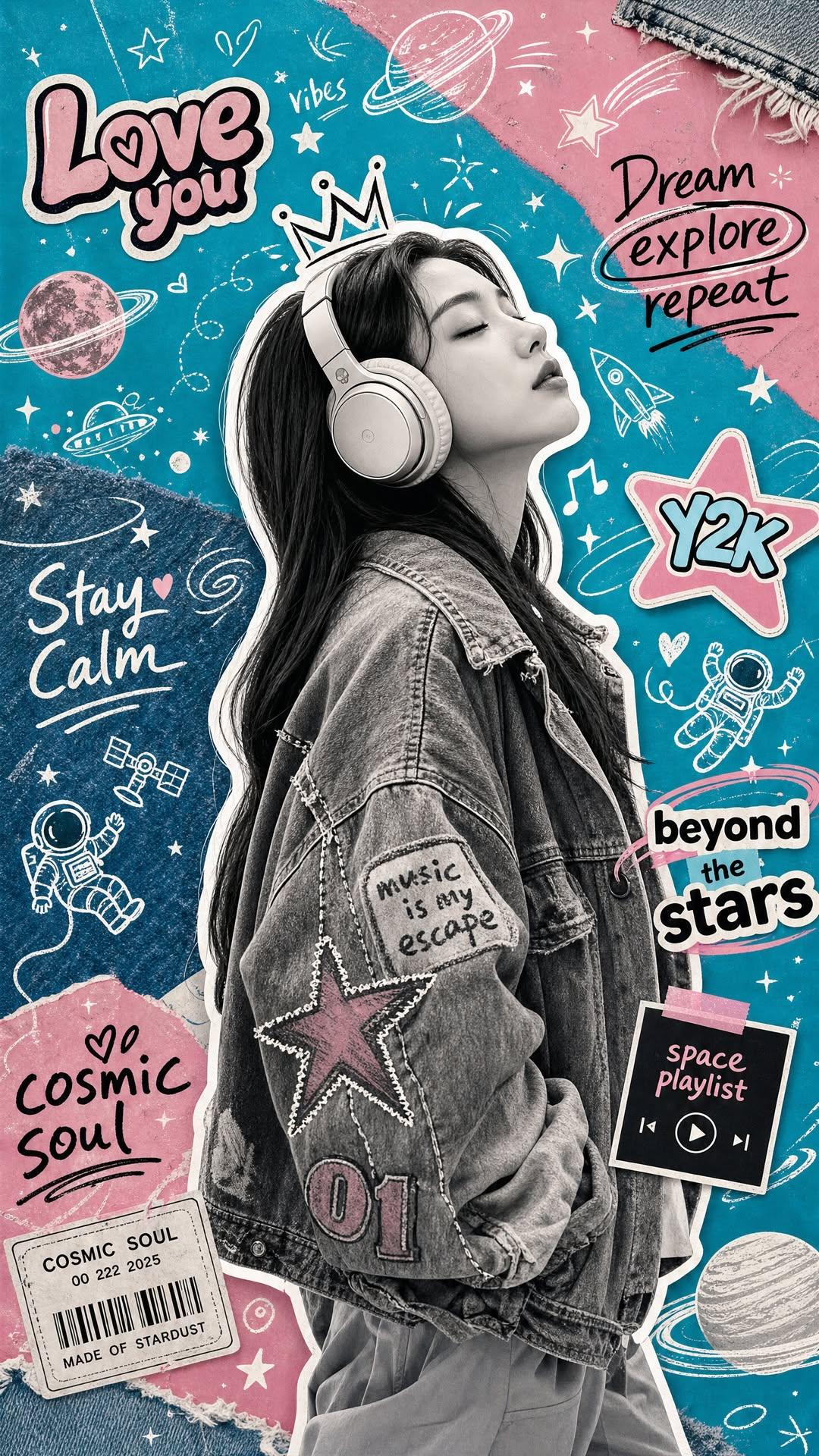 Y2K Scrapbook Collage: Music Listener in Streetwear