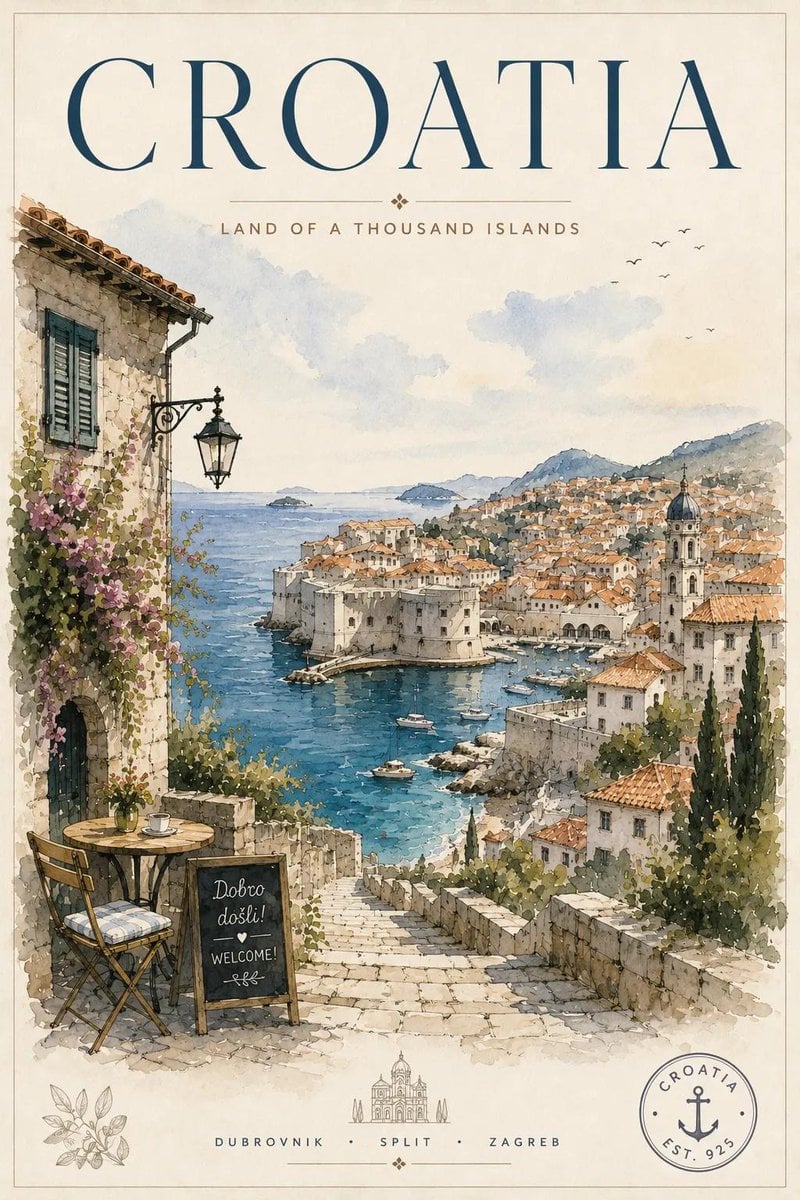 Vintage watercolor travel poster illustration, elegant Eu... thumbnail 3