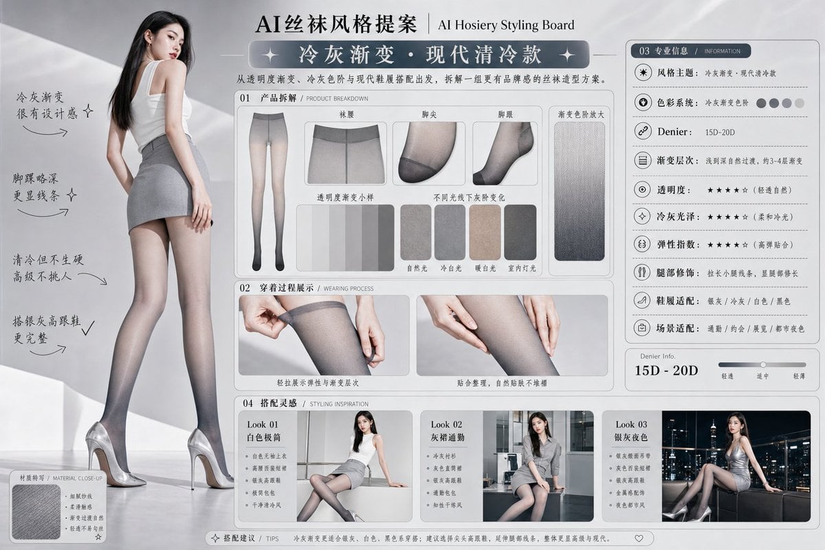 请生成一张横向 4:3 的中文版「AI丝袜风格提案 / AI Hosiery Styling Board」图片。 thumbnail 2