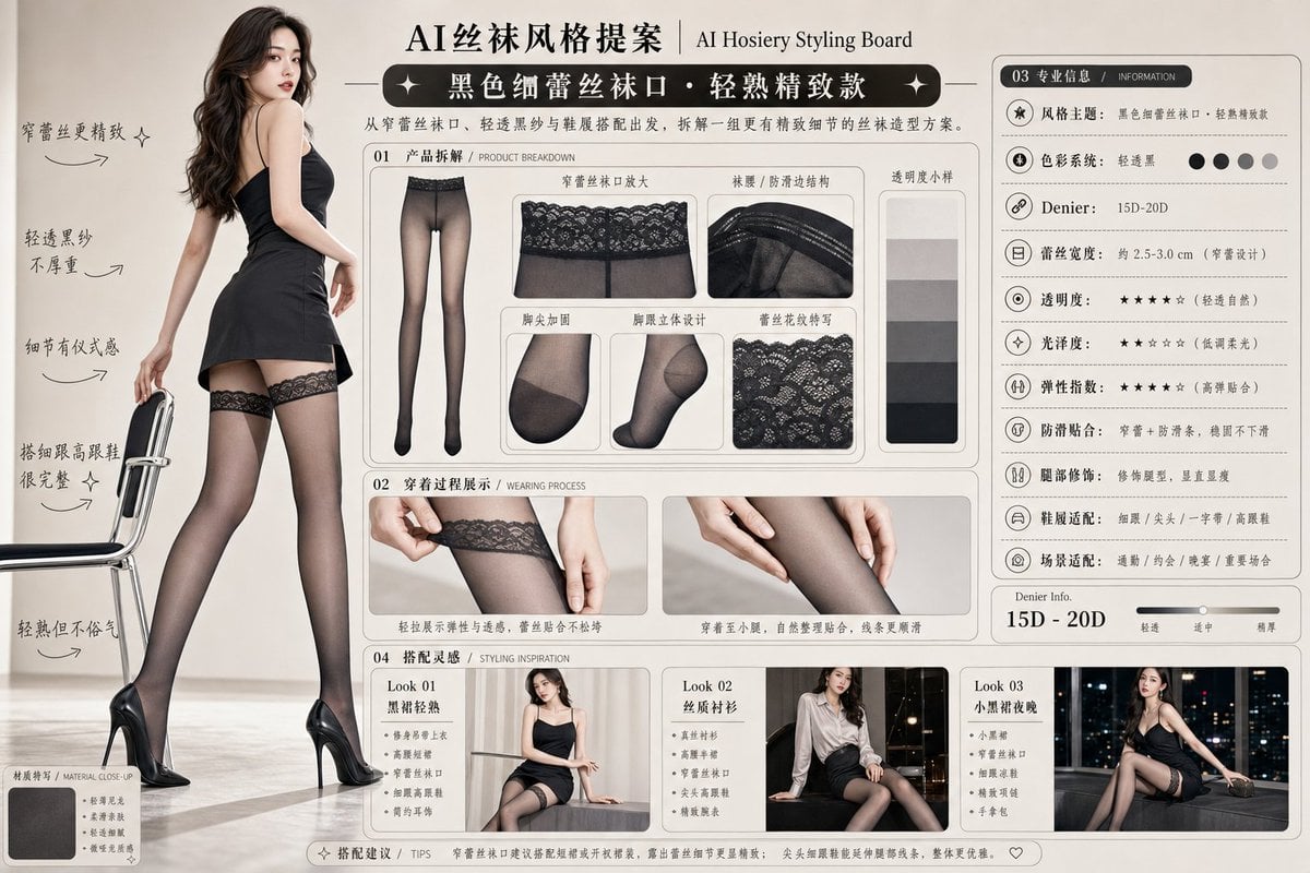 请生成一张横向 4:3 的中文版「AI丝袜风格提案 / AI Hosiery Styling Board」图片。 thumbnail 3