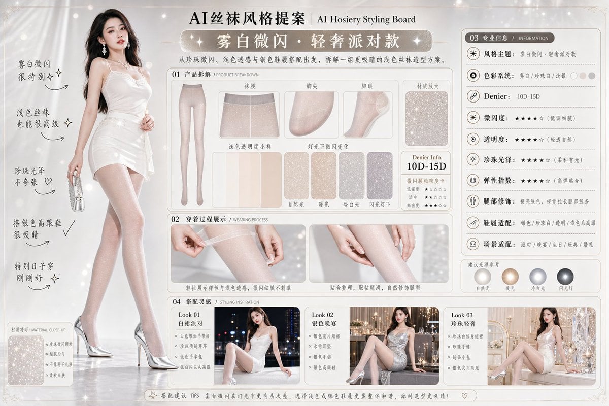 请生成一张横向 4:3 的中文版「AI丝袜风格提案 / AI Hosiery Styling Board」图片。 thumbnail 4