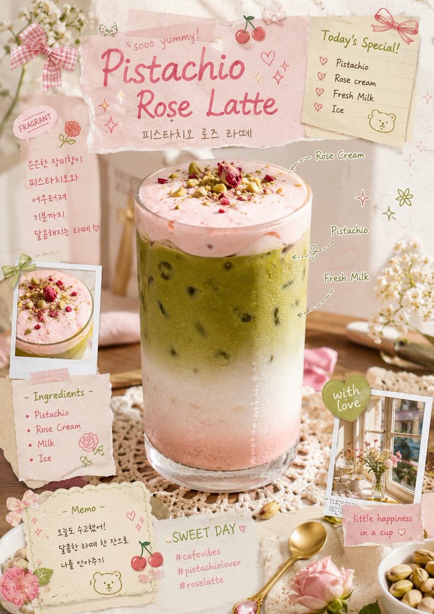 rose latte aesthetic, layered iced pistachio drink with r... thumbnail 2