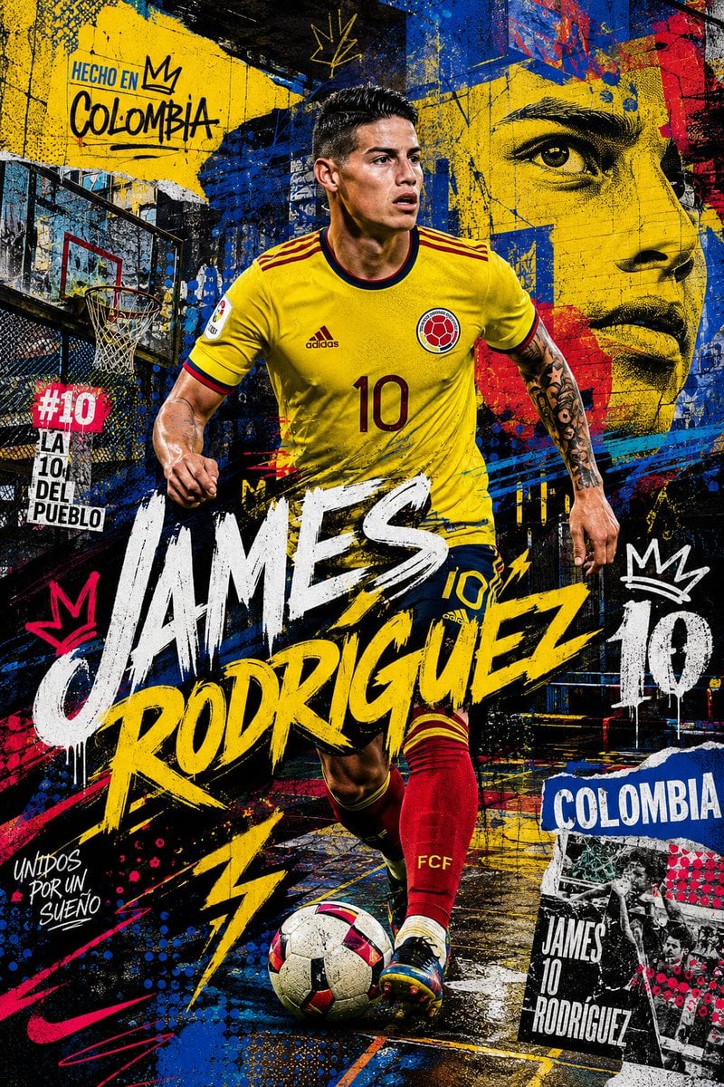 A dynamic mixed-media football poster featuring James Rod... thumbnail 3