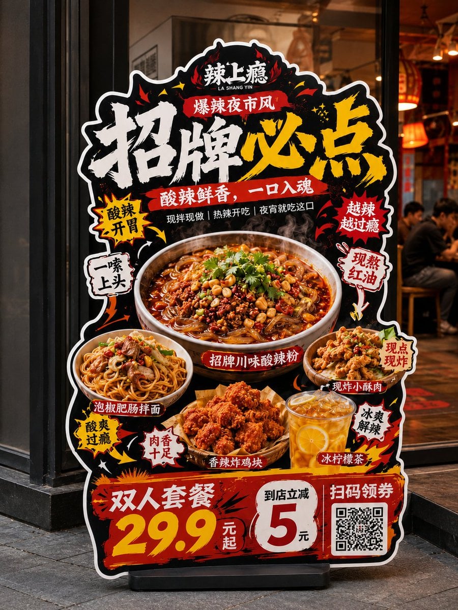 请生成一张高完成度的「餐饮异形展架 / 立牌」设计图，用于展示餐饮门店的新品推荐、招牌产品、套餐促销或品牌活动信息。 thumbnail 4