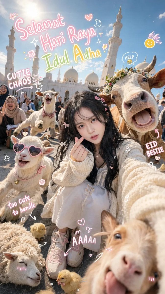 Ultra-realistic super cute chaotic Eid al-Adha selfie pho... thumbnail 2