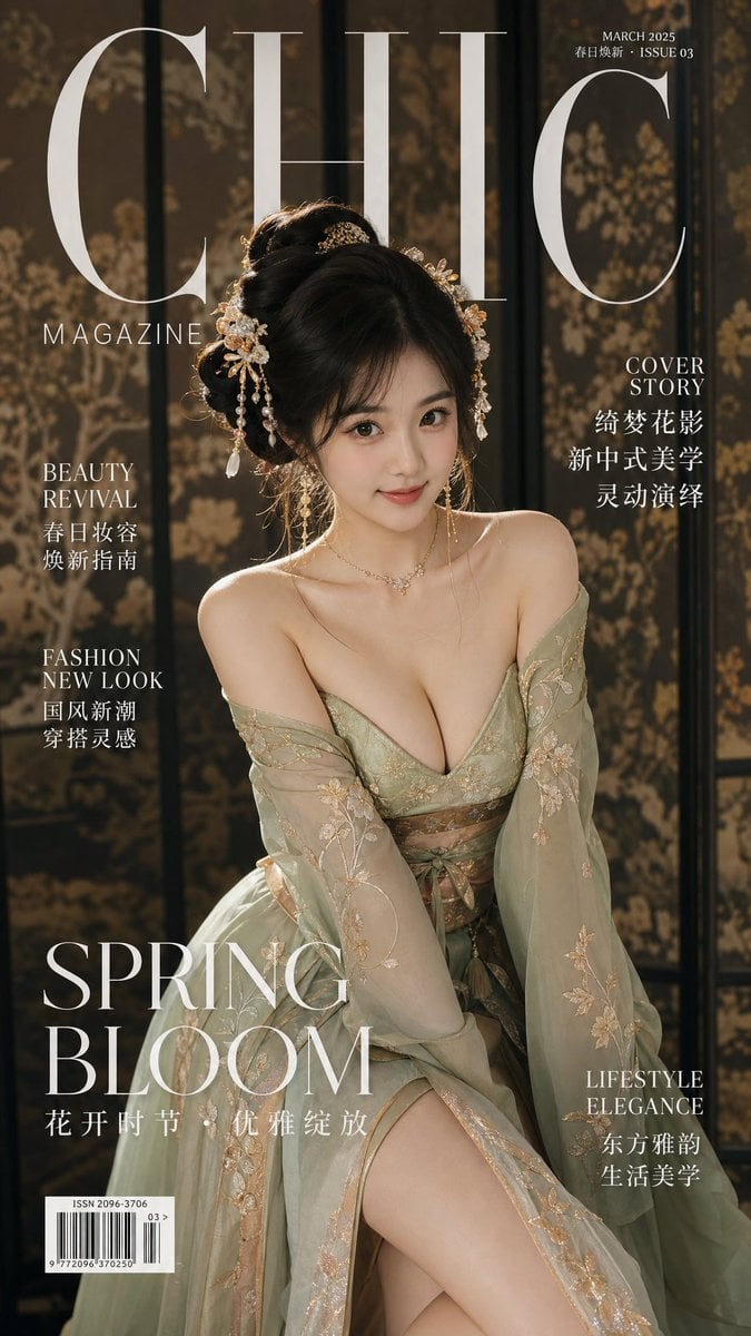 顶尖现代时尚杂志封面大片，一位20岁左右的国风美女，身着改良版华丽古装（汉服元素）。她拥有丰腴匀称的沙漏型身材，裁... thumbnail 2