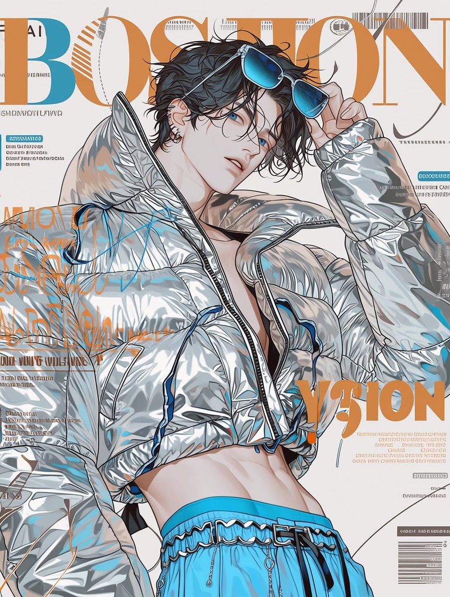 A magazine cover design featuring a [여/남], wearing a meta... thumbnail 2