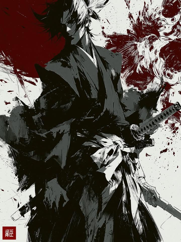 Dark ink wash painting, lone samurai warrior holding kata... thumbnail 2