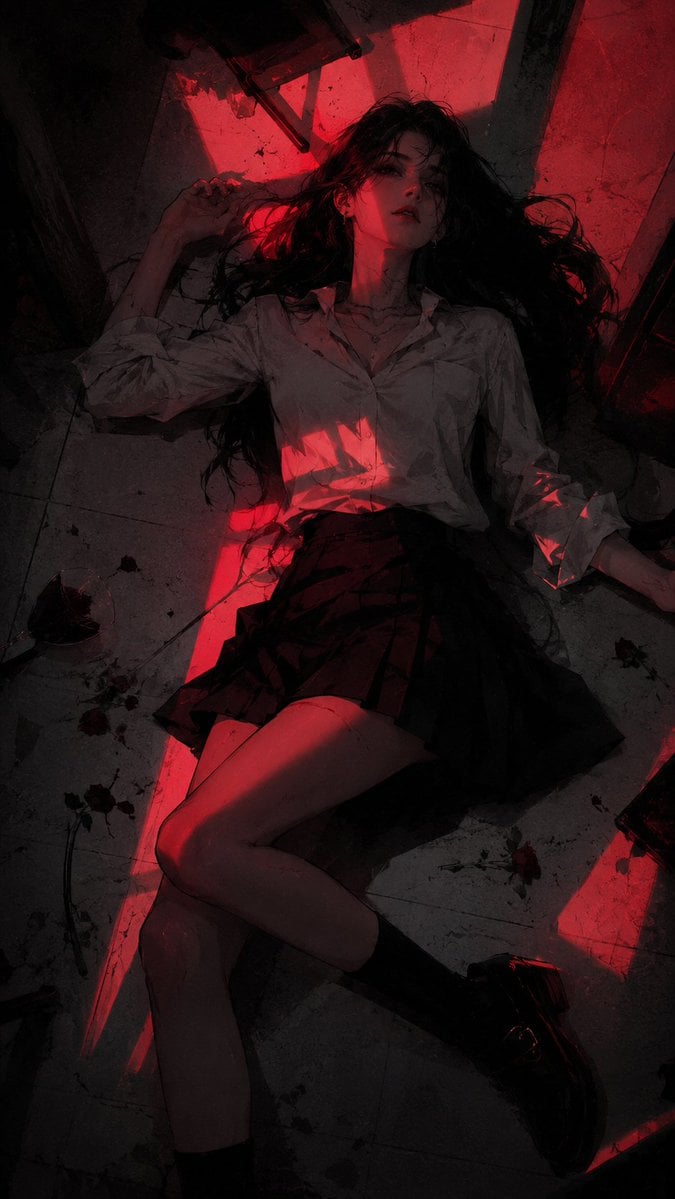 暗黑红光半写实二次元插画，主体为[xxx]，高级韩系潮流时尚海报感，黑色、深灰、暗酒红、猩红色主色，冷灰白背景，大... thumbnail 2