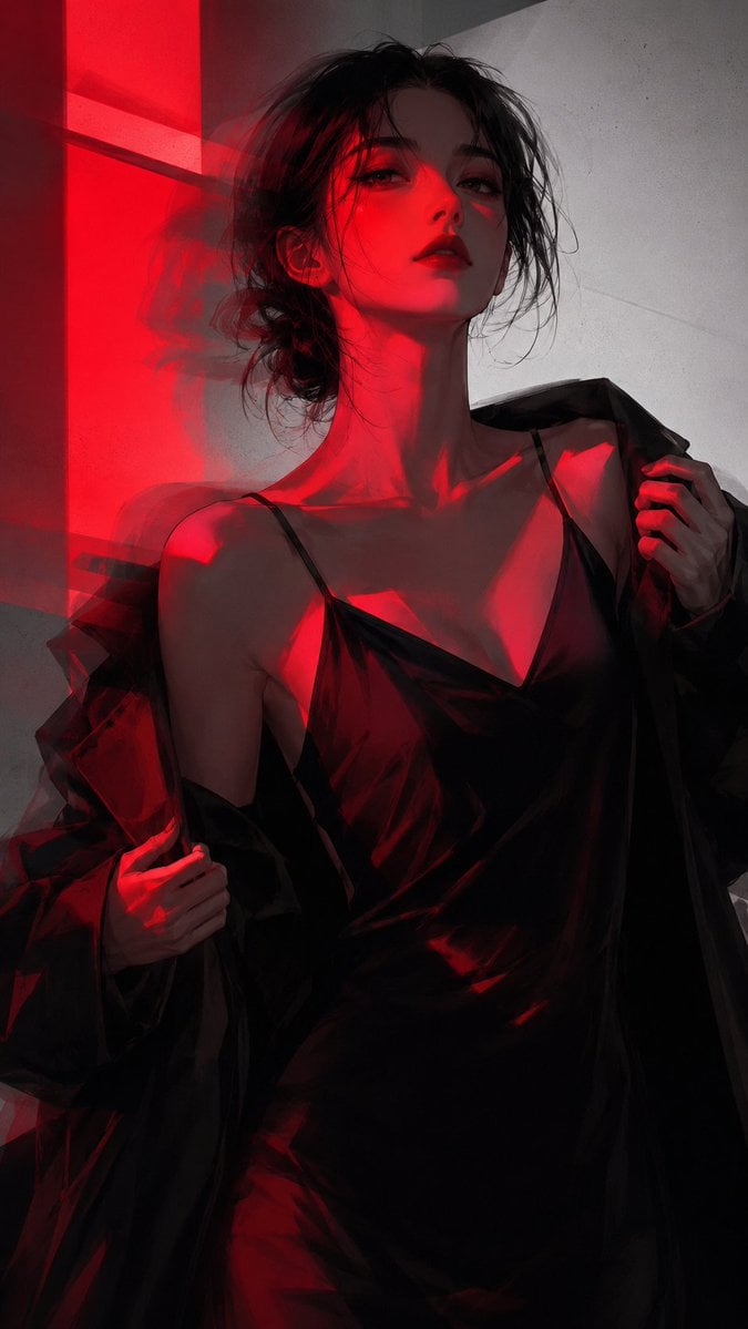 暗黑红光半写实二次元插画，主体为[xxx]，高级韩系潮流时尚海报感，黑色、深灰、暗酒红、猩红色主色，冷灰白背景，大... thumbnail 4