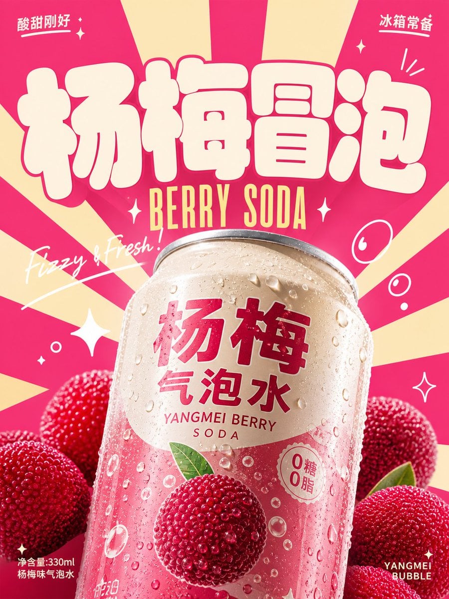 围绕具体饮料主题生成一张明亮轻快的复古商业广告视觉：画面第一眼由超大、厚实、圆角饱满的主题字标建立记忆点，字形像柔... thumbnail 2