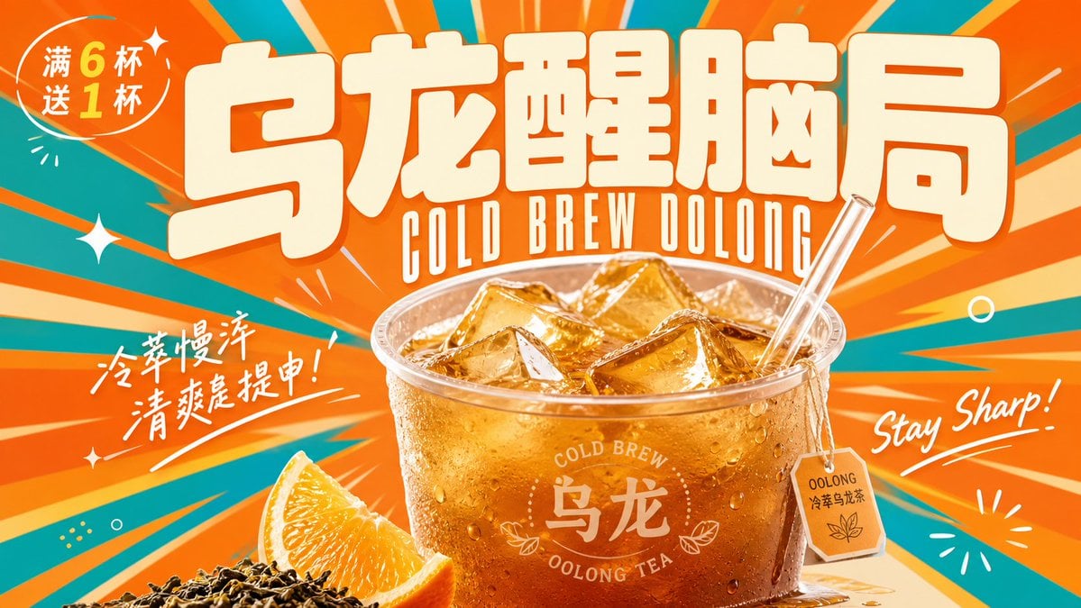 围绕具体饮料主题生成一张明亮轻快的复古商业广告视觉：画面第一眼由超大、厚实、圆角饱满的主题字标建立记忆点，字形像柔... thumbnail 3