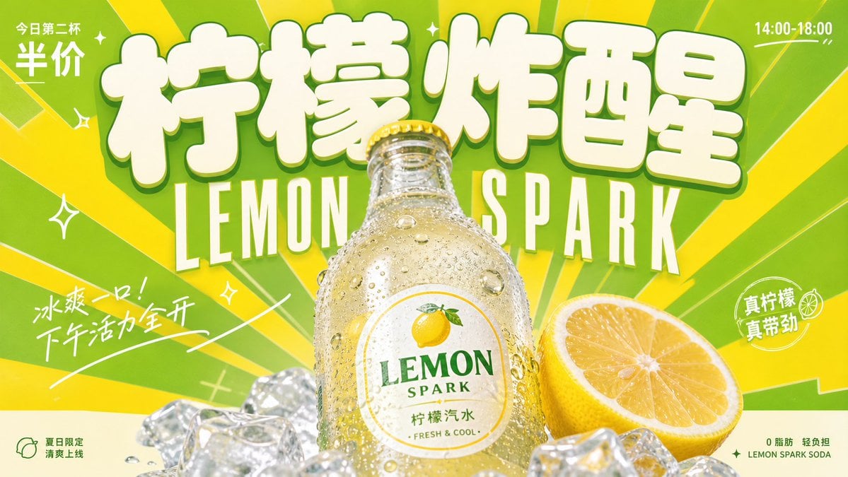 围绕具体饮料主题生成一张明亮轻快的复古商业广告视觉：画面第一眼由超大、厚实、圆角饱满的主题字标建立记忆点，字形像柔... thumbnail 4