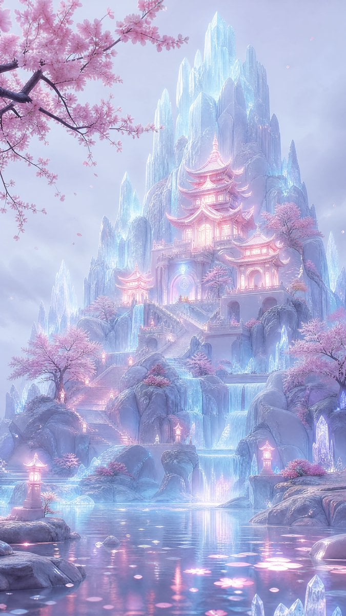 A dreamy pastel fantasy landscape in a vertical compositi... thumbnail 2