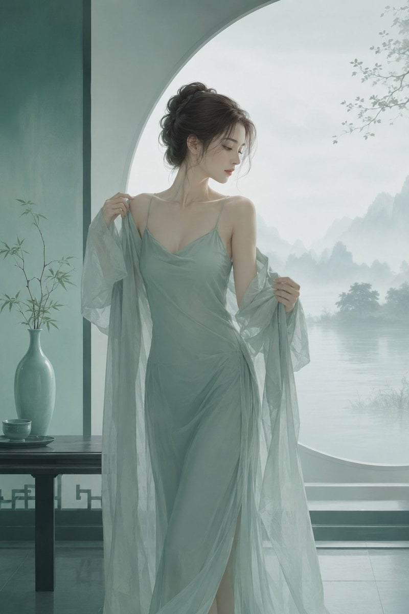 极简东方禅意半写实插画，主体为[主体]，青绿颜色体系，较强饱和对比，画面空灵静谧，大面积留白，带轻雾感、静止空气感... thumbnail 2
