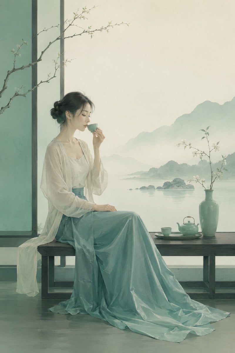 极简东方禅意半写实插画，主体为[主体]，青绿颜色体系，较强饱和对比，画面空灵静谧，大面积留白，带轻雾感、静止空气感... thumbnail 3