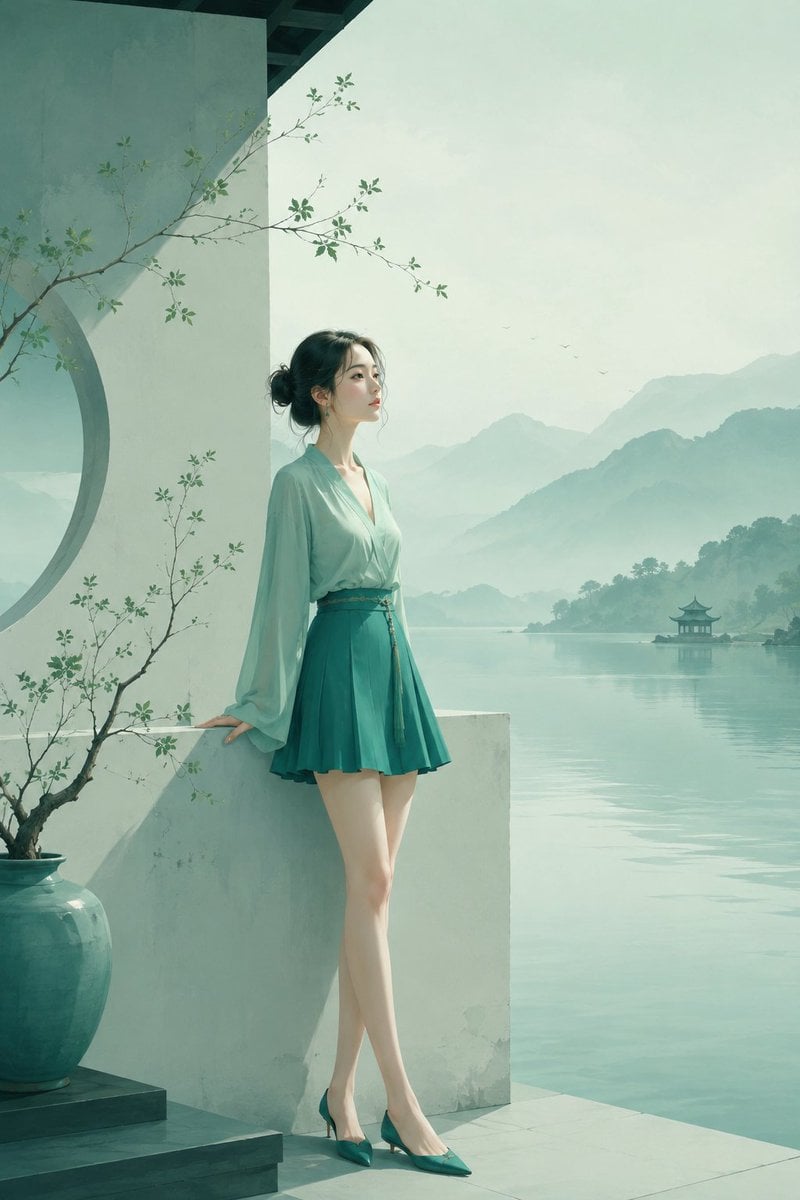 极简东方禅意半写实插画，主体为[主体]，青绿颜色体系，较强饱和对比，画面空灵静谧，大面积留白，带轻雾感、静止空气感... thumbnail 4