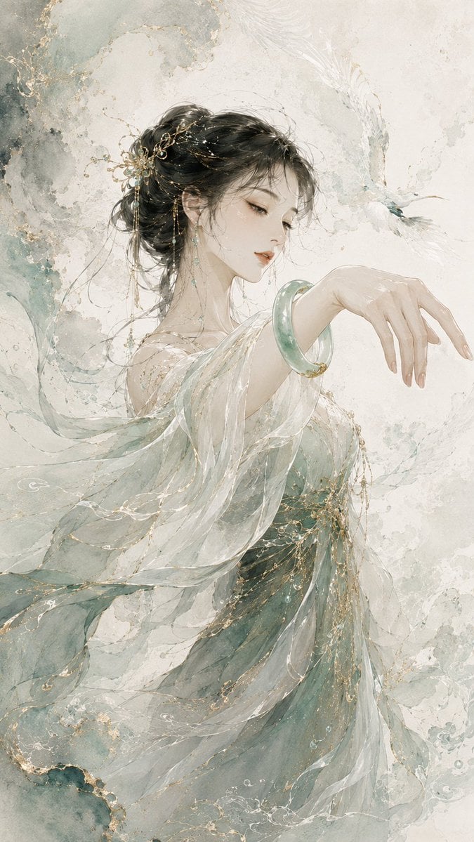 请生成一张 9:16 竖版、原创高级东方珠宝视觉海报。整体风格为东方水墨时装插画，结合高级珠宝 Campaign、... thumbnail 2