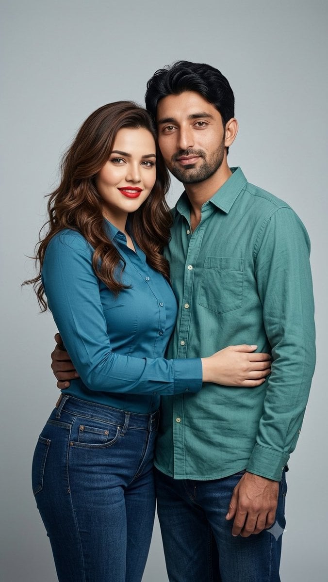 A stylish young couple posing together in a professional ... image 1