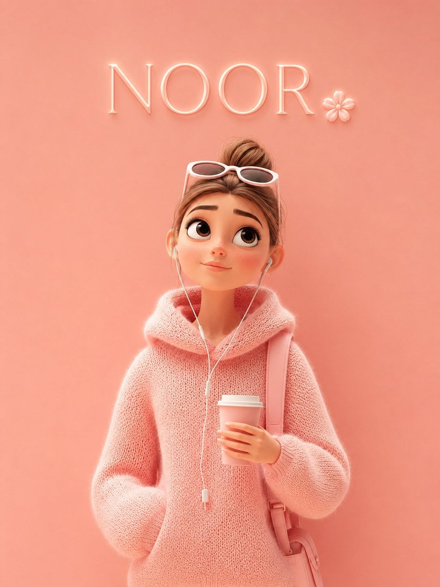 Pixar-Style Girl in Pink Hoodie with Coffee