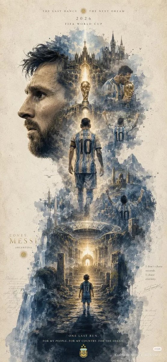 Epic cinematic watercolor poster of Lionel Messi, giant s... image 1