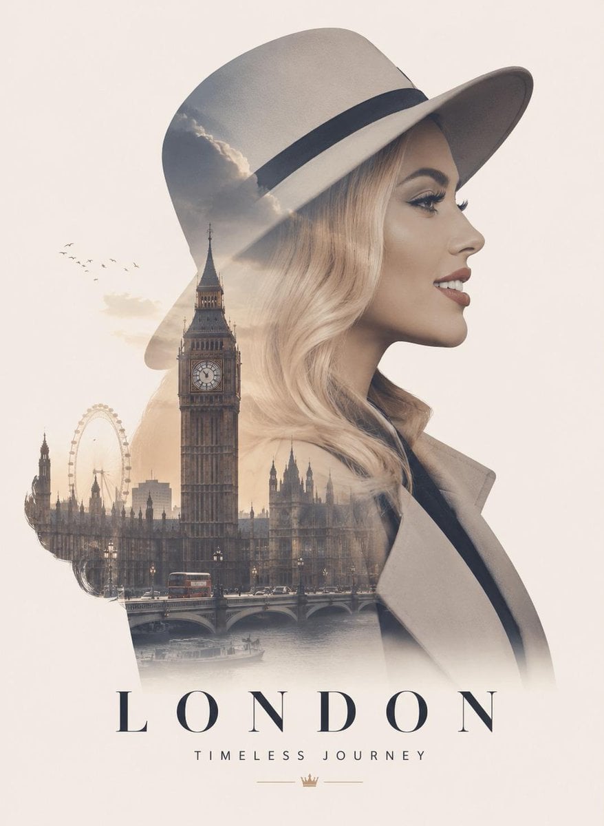 Ultra-premium double exposure travel poster, elegant side... image 1