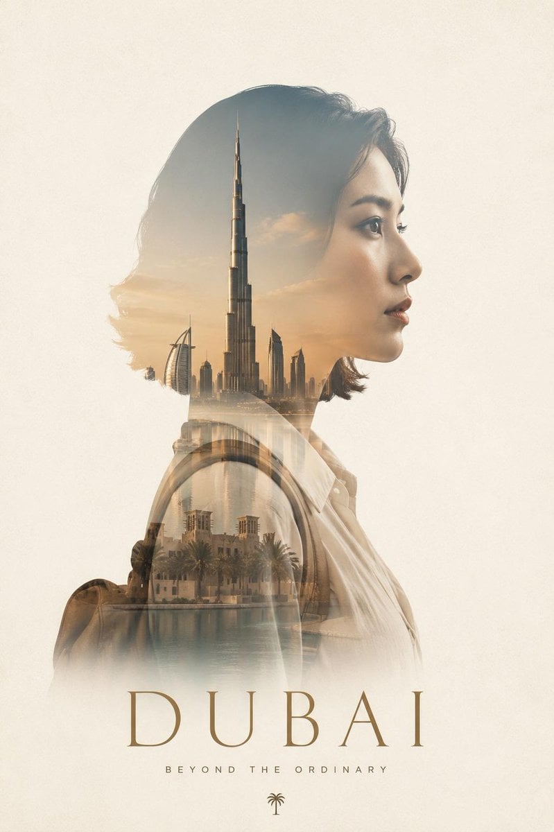 Ultra-premium double exposure travel poster, elegant side... thumbnail 2