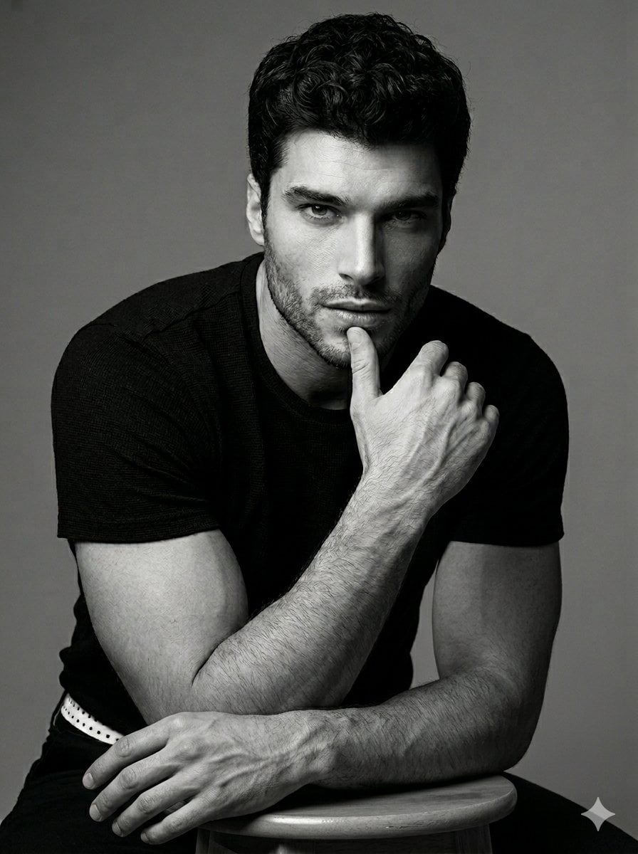 A professional black and white studio portrait of a hands... image 1
