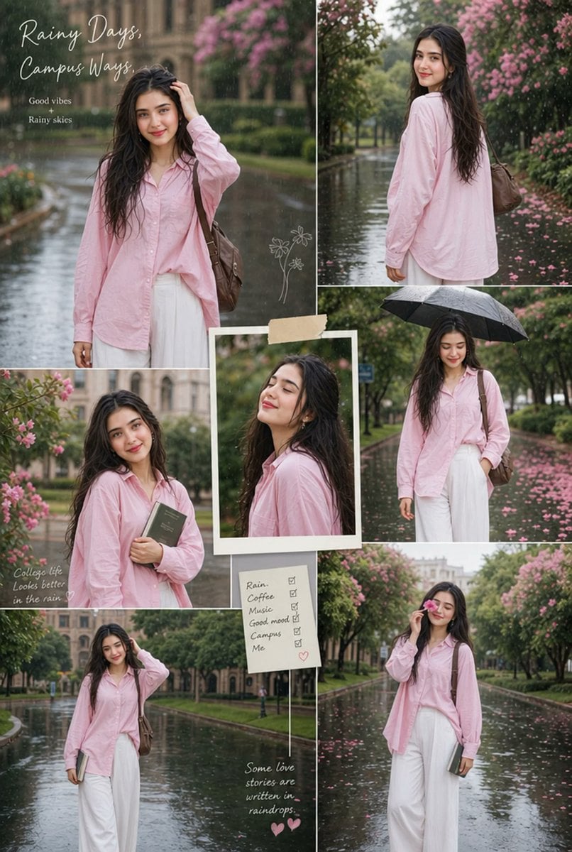 Create an aesthetic rainy-season college portrait collage... image 1