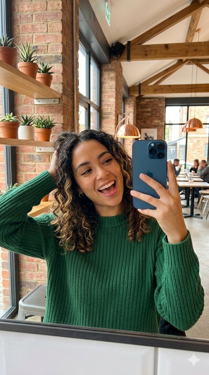 A vertical mirror selfie of a cheerful young woman with l... image 1