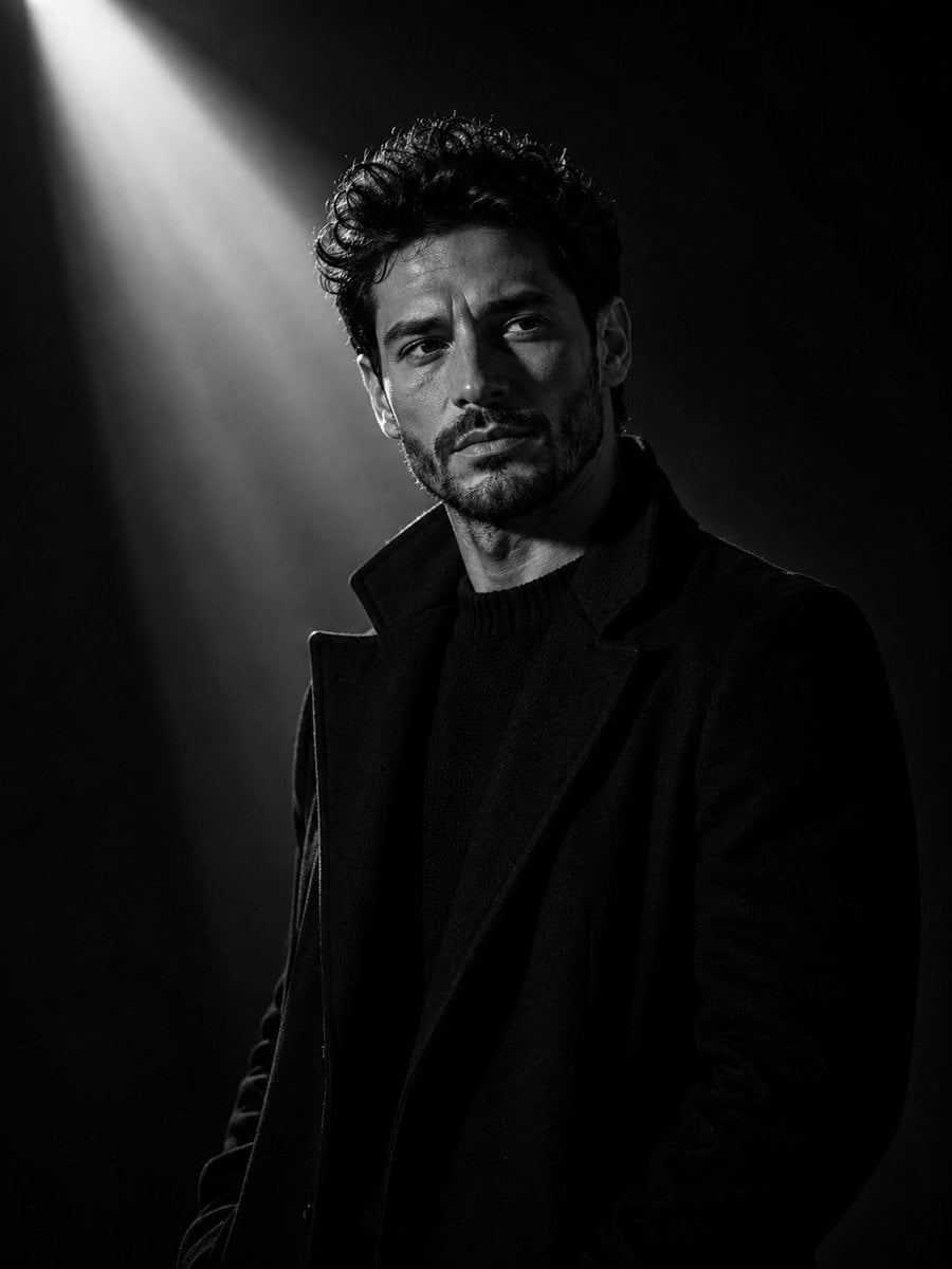 Ultra-cinematic black-and-white portrait of a young man s... image 1
