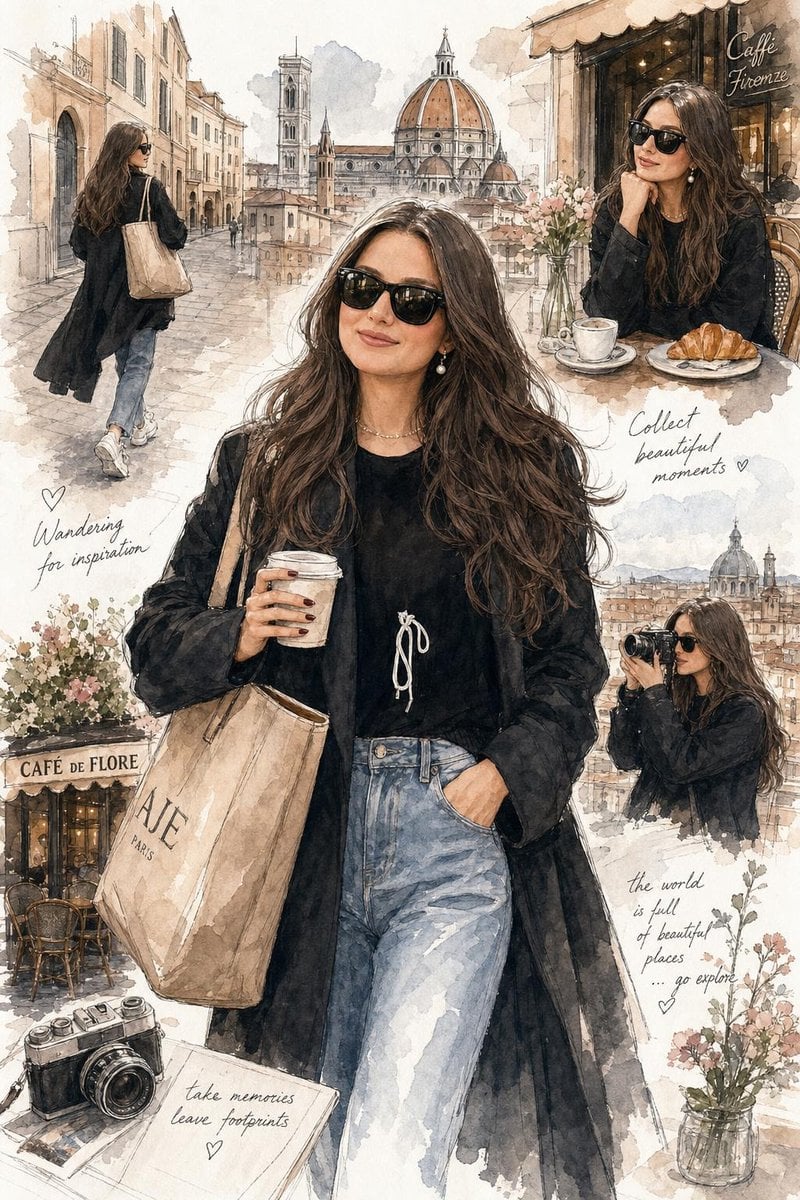 Elegant watercolor fashion illustration of a stylish youn... image 1